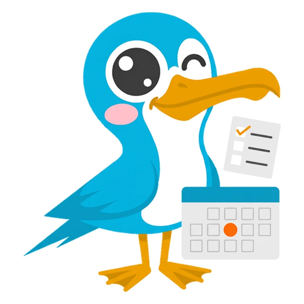 Die Aufwind-Möwe neben einem Kalender, auf dem ein einzelner Tag markiert ist